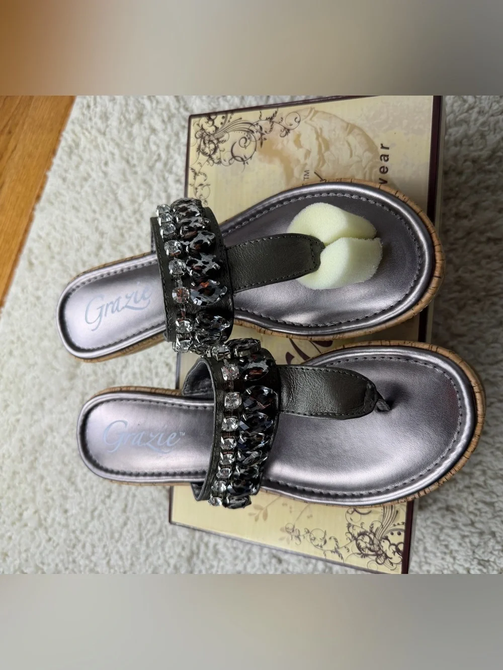 SZ 8 Grazie Black Jeweled Cork Wedge Thong Sandals